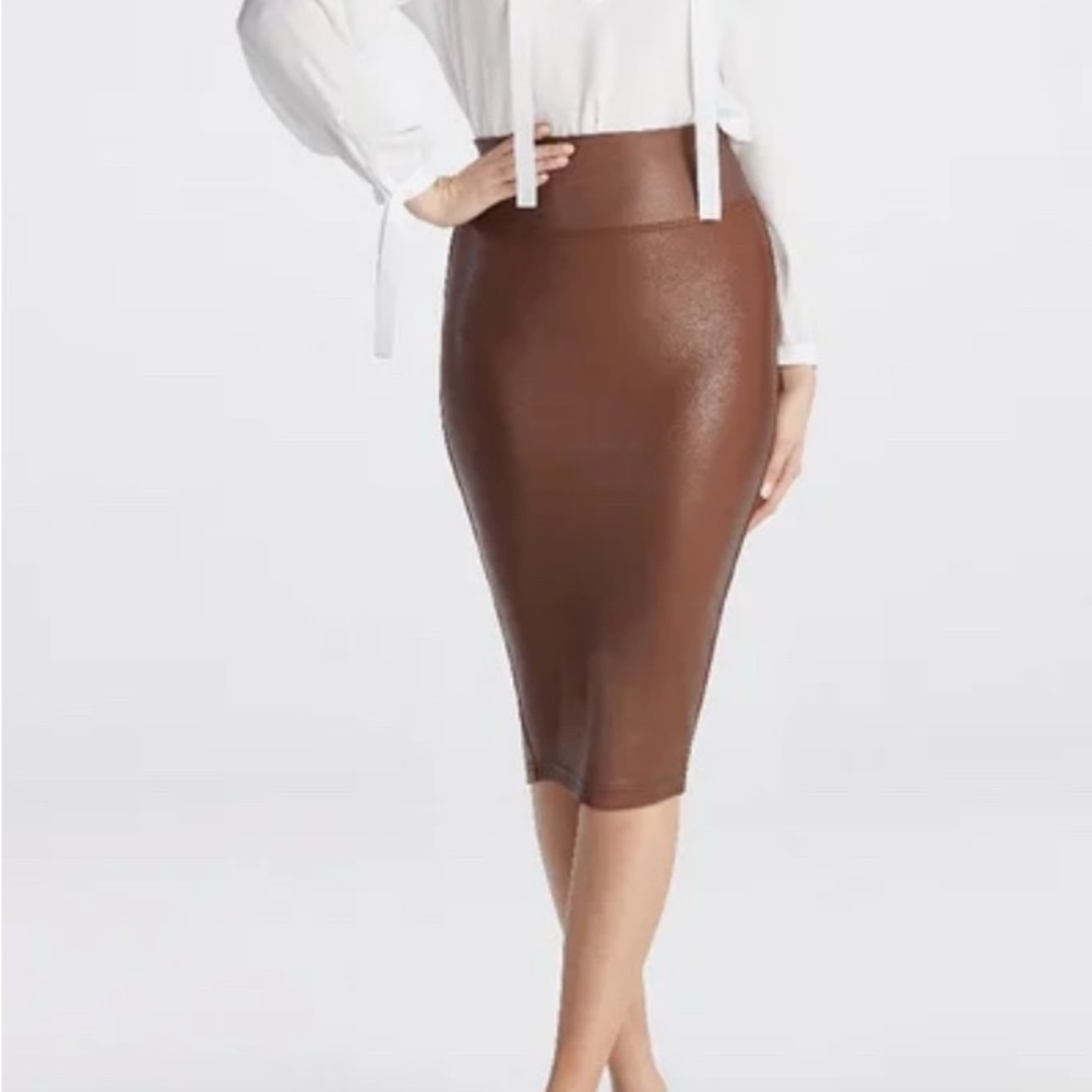 SPANX Faux Leather Pencil Skirt, Knee Length,Brick Color, Size Small